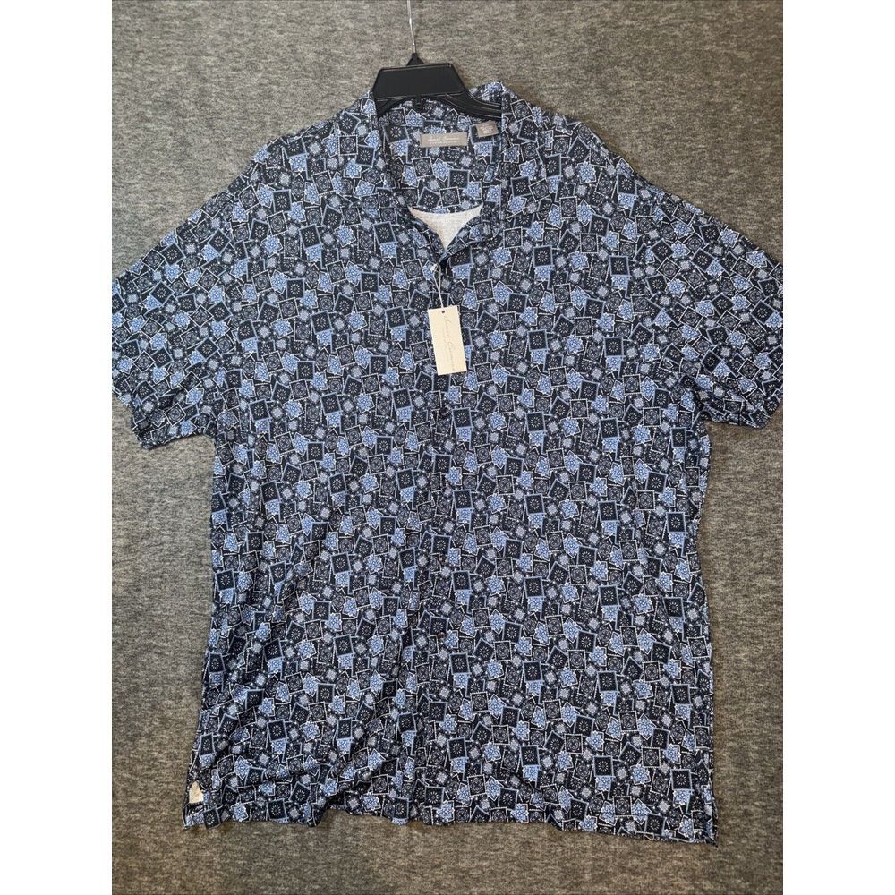 Cremieux Signature Mens Linen Blend Geometric Blue Navy Button Up Shirt L NEW